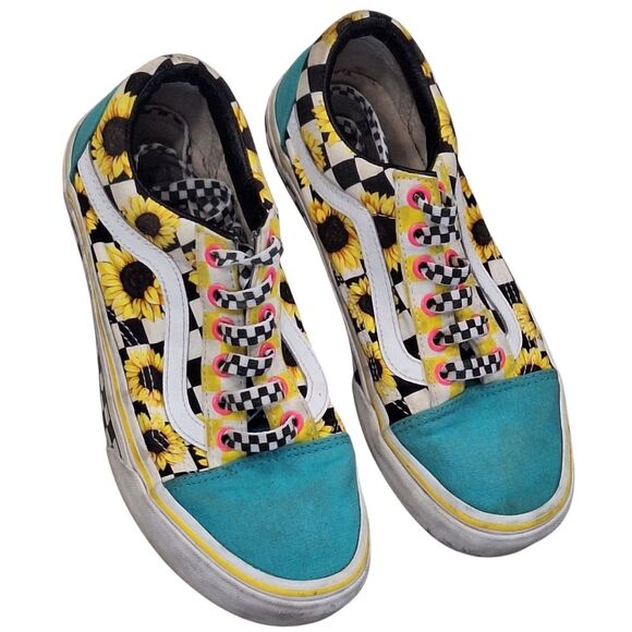 VANS Customs Sunflowers Old Skool size 6 Womens Fun Colorful Turquoise Yellow - Picture 2 of 16